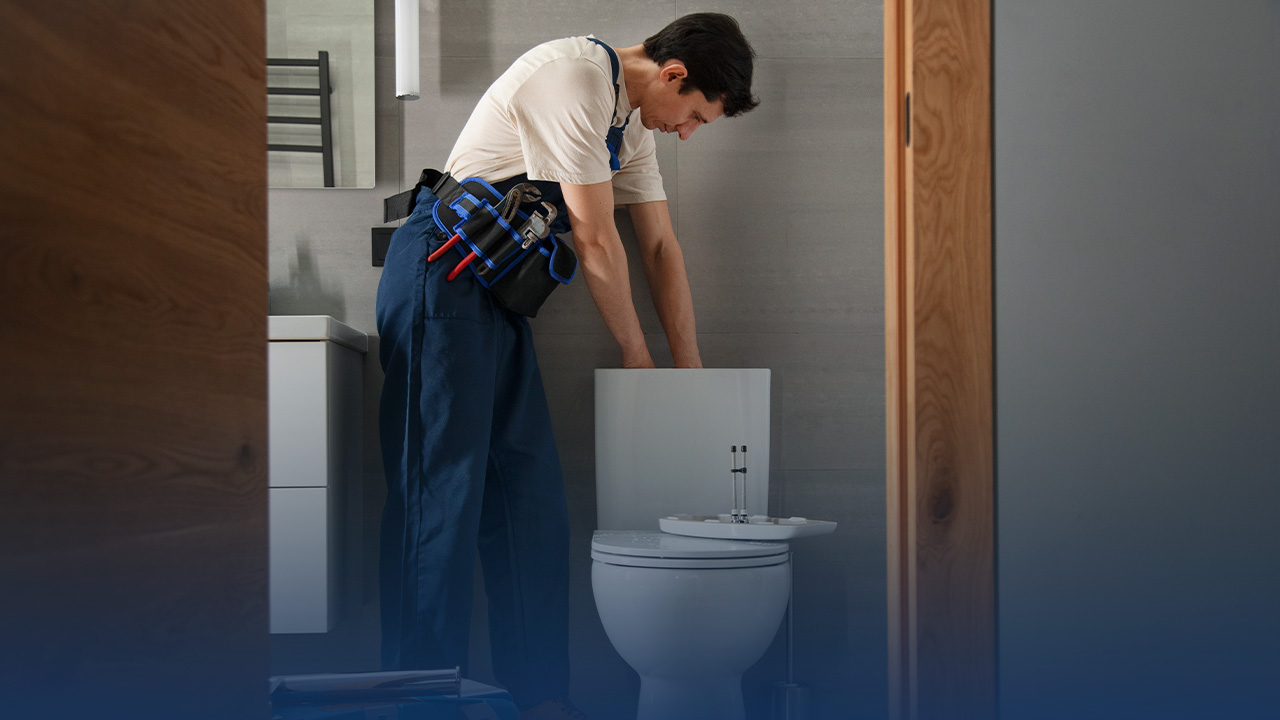 Equipe da desentupidora JACTO realizando desentupimento de vaso sanitário em Vinhedo com equipamentos modernos.